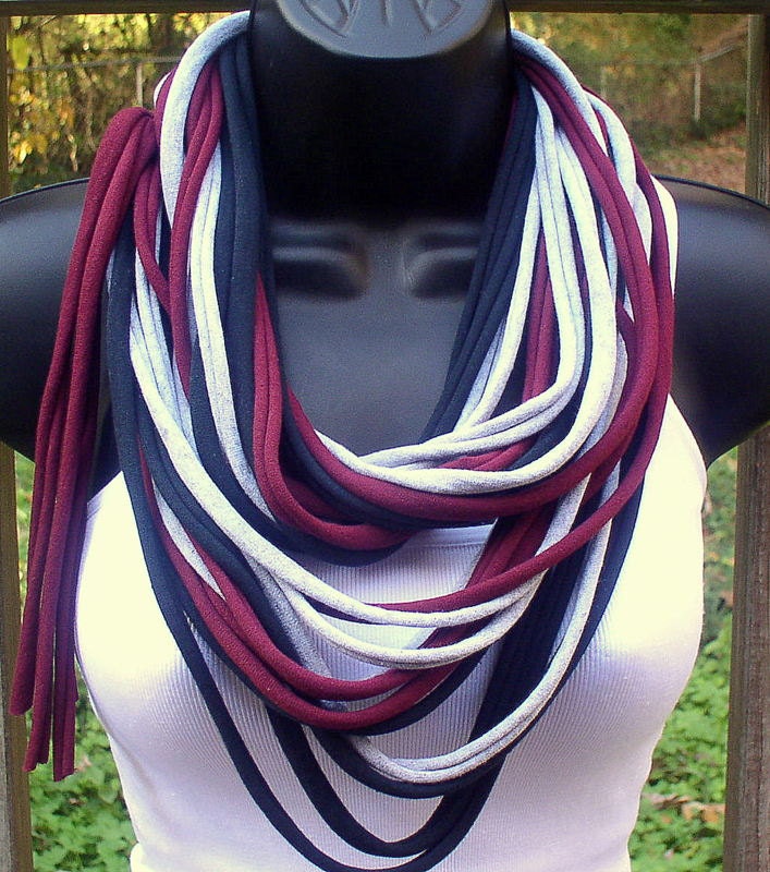 T Shirt Necklace - Scarf - Burgundy/Gray/Black - Cotton
