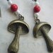 SUMMER SALE Beaded Brass Mushroom Earrings, Toadstool, Boho, Amanita, Red, Whimsical