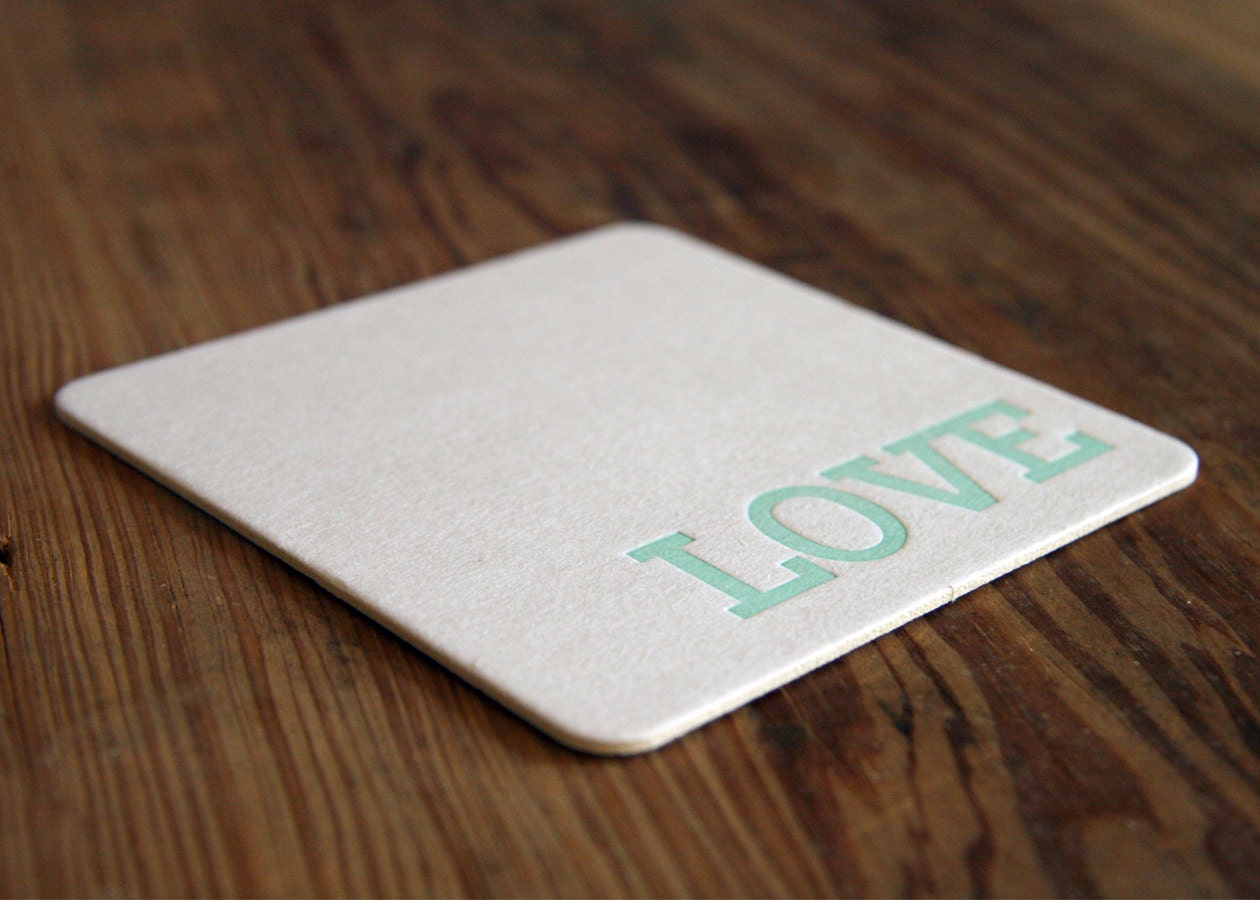 Love in Mint: Square Letterpress Coasters (set of 4)