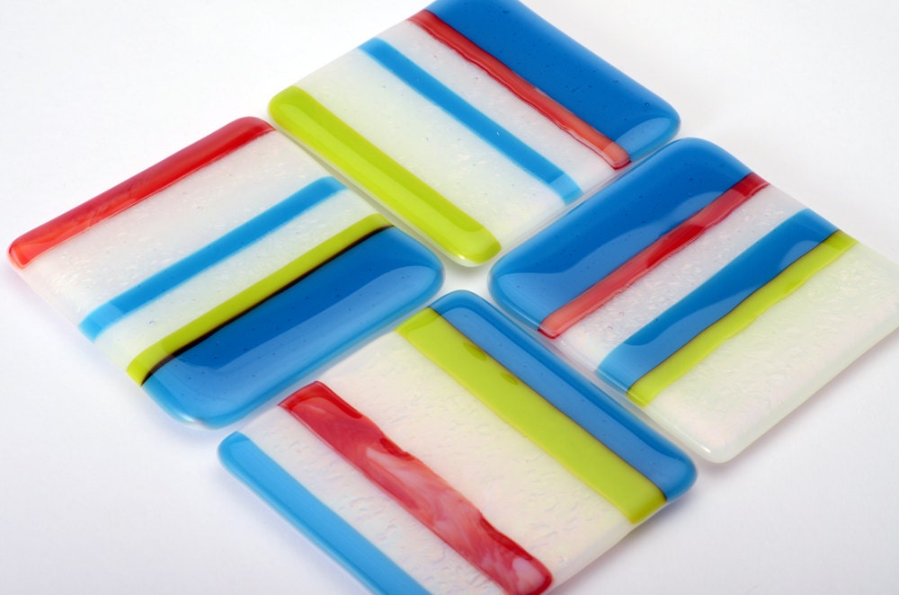 Summer Stripes Fused Glass Coaster Set of 4, turquoise, 3.5", lime green, white textured, and warm red stripes
