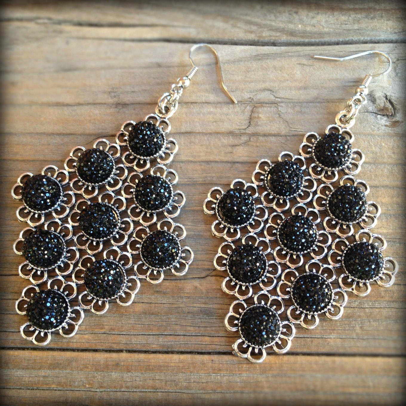 Black Rhinestone and Silver Chandelier Earrings