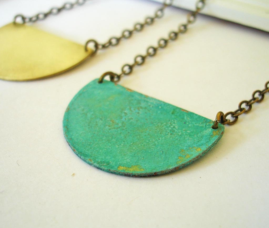 Simple Verdigris Bright Aqua Necklace FREE SHIPPING Brass Geometric Half Circle Handmade Tribal Art Deco Chunky Bold Fall Accessory