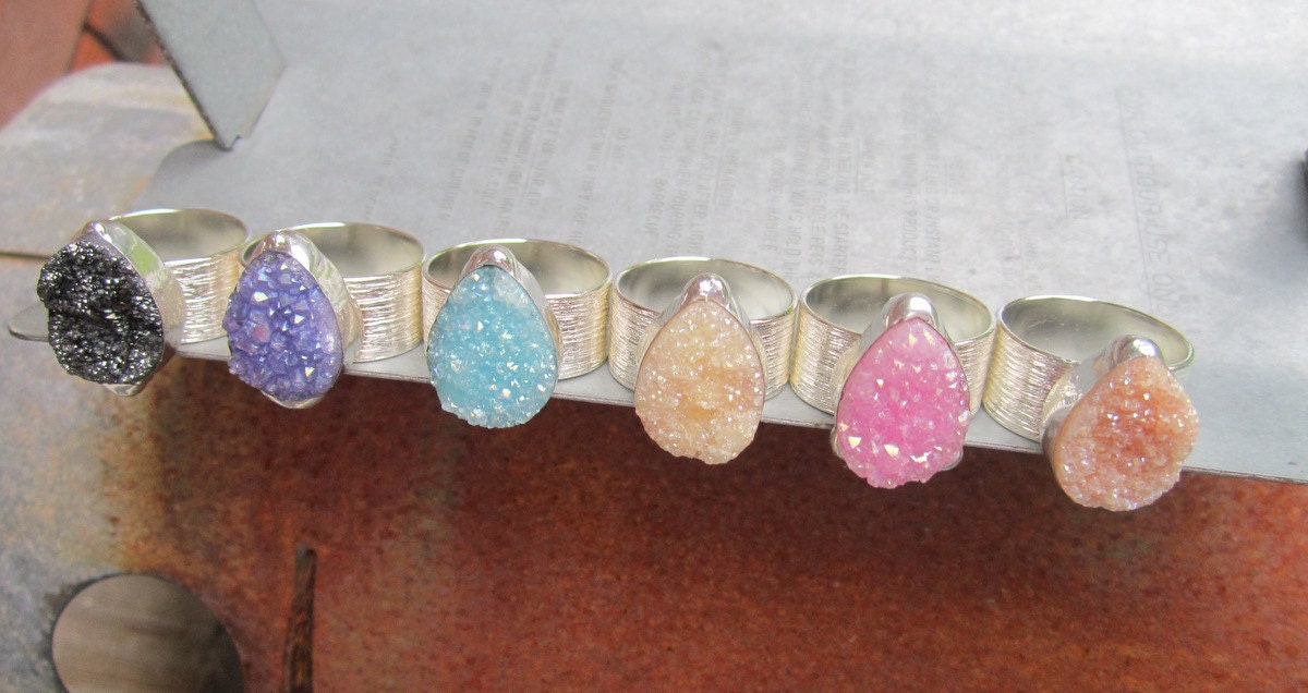 Your Choice Teardrop Druzy Quartz Ring purple black champagne peach