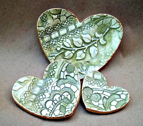 Three Ceramic Lace Heart Nesting Dishes