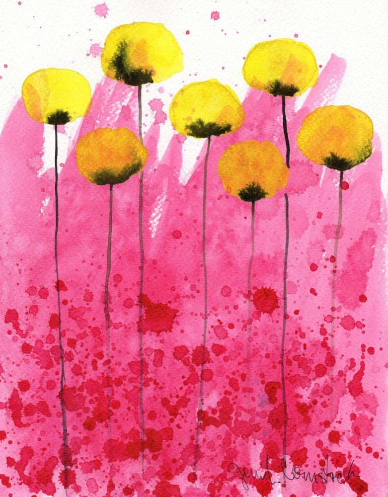 Buy 2 Get 1 FREE -- Watercolor Painting: Watercolor Flowers -- Art Print --  Pink Lemonade -- Yellow Flowers on Pink -- 11x14