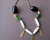 Bib Necklace, Tribal Style, Vintage Lucite Beads with Brass Geometric Charms, Geometric Necklace, Handmade Jewelry from Vintage Components