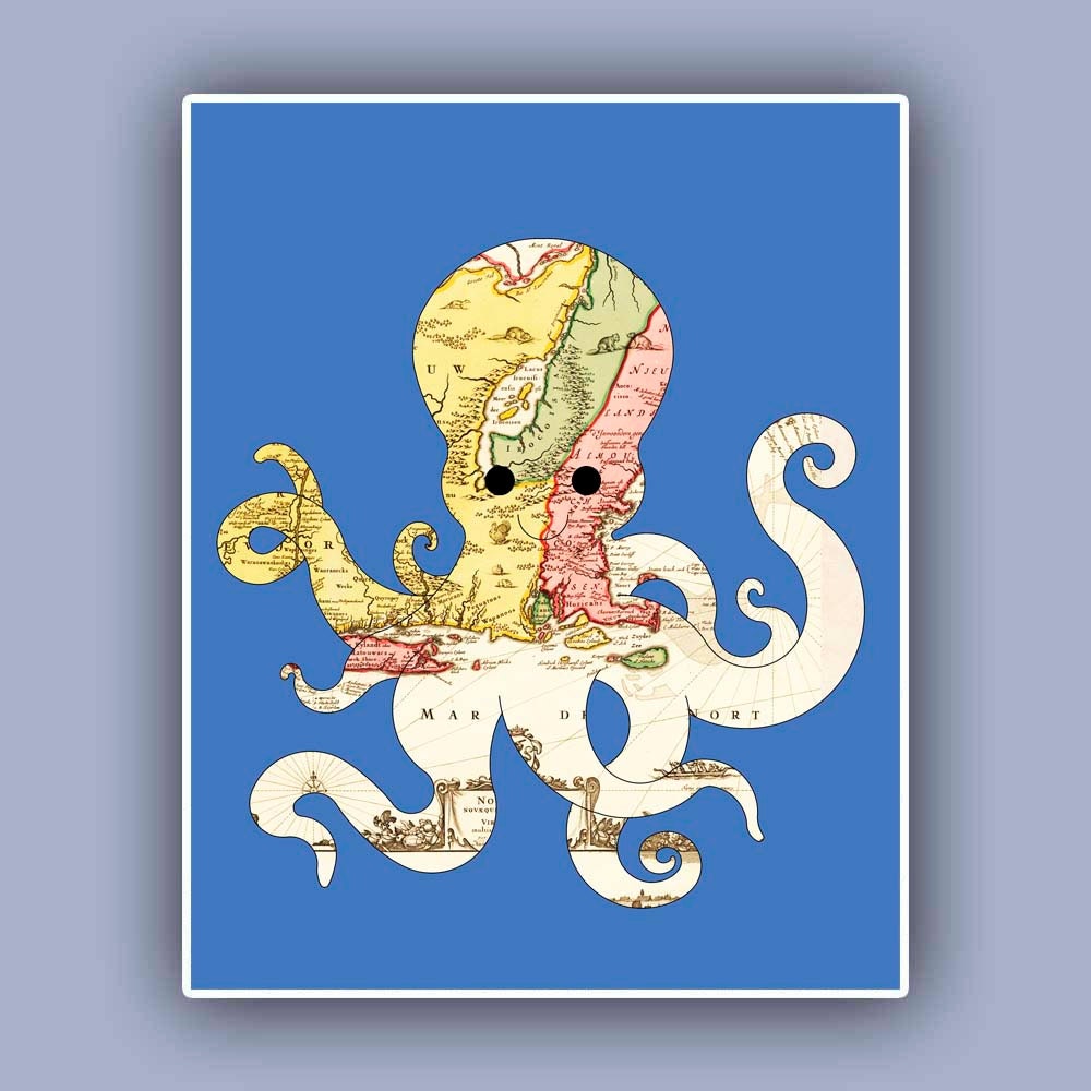 Nautical Octopus map Print Marine Wall Decor,  Nautical art, Coastal Decor antique est US map