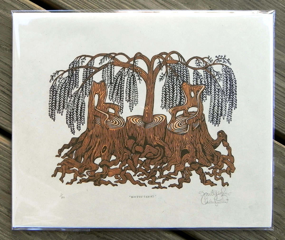 WOODEN CHAIRS Woodcut Print