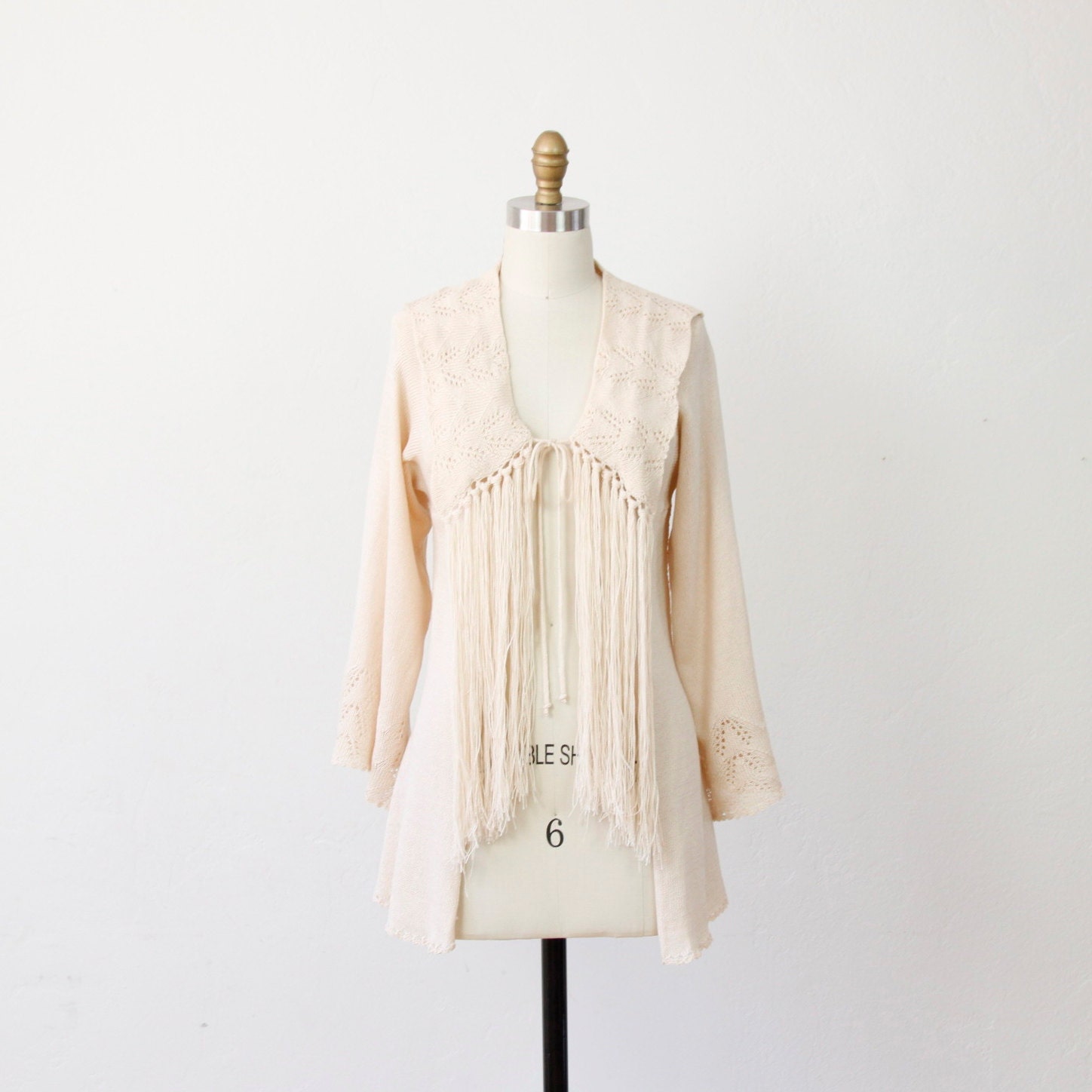 Cream Fringe Cardigan Sweater Vintage