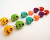 Long Skull Earrings - Rainbow Colors - Day of the Dead Earrings - Multicolored Skulls & Orange Flowers on Leverbacks - polishedtwo