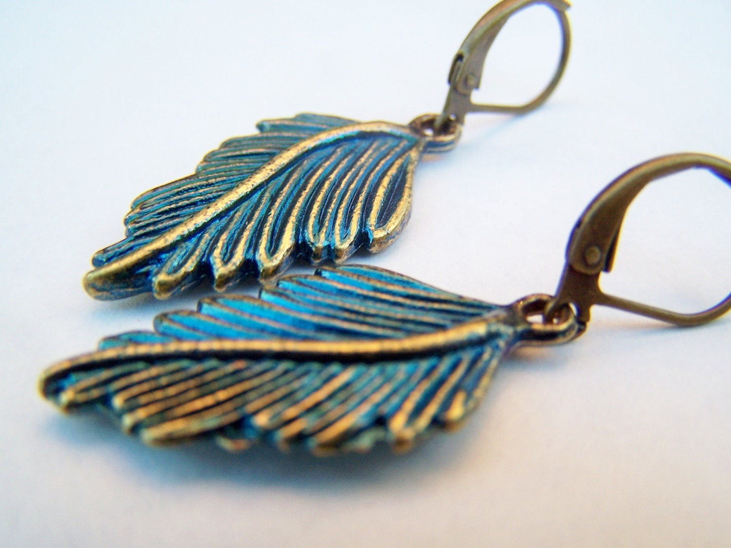 Peacock Blue Feather Earrings, Antiqued Brass with Metallic Blue Finish, Blue Bird Wings on Leverbacks - Peacock