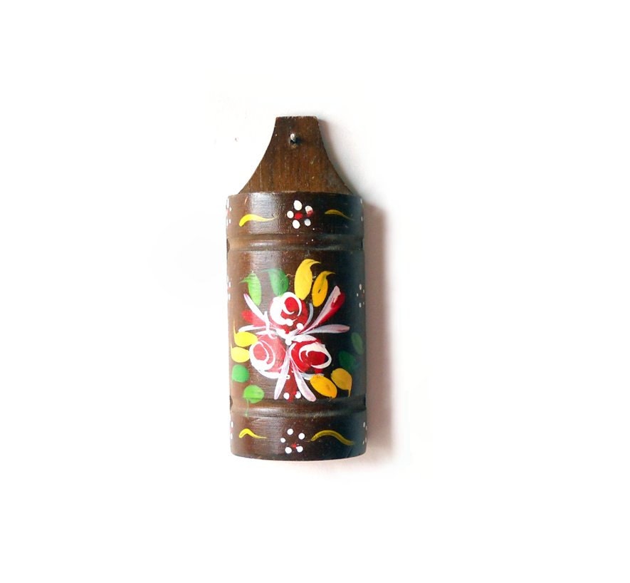 Vintage Wood Tole Painted Wall Pocket Boho