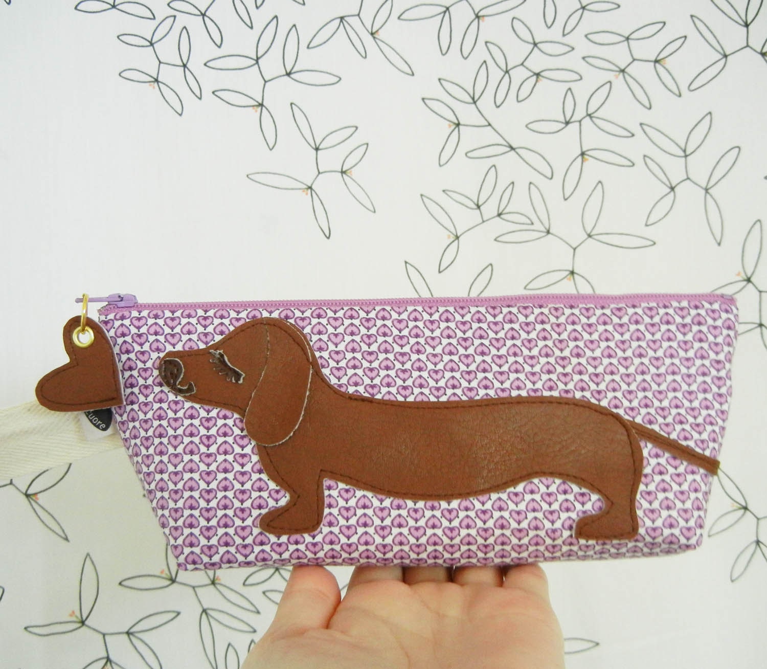 BBQ the Dachshund Vintage Plum Purple Hearts Cotton Canvas Floral Case with Vinyl Applique