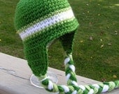 Baby Earflap Hat Size 3 to 6 months Hand Crochet in Green and White  Ready to Ship