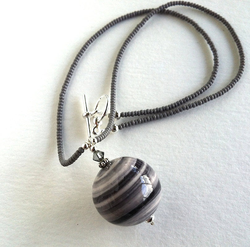 Grayscale Bauble Necklace : Black White and Gray Bead, Seed Beads, Swarovski Crystal, Silver Accents
