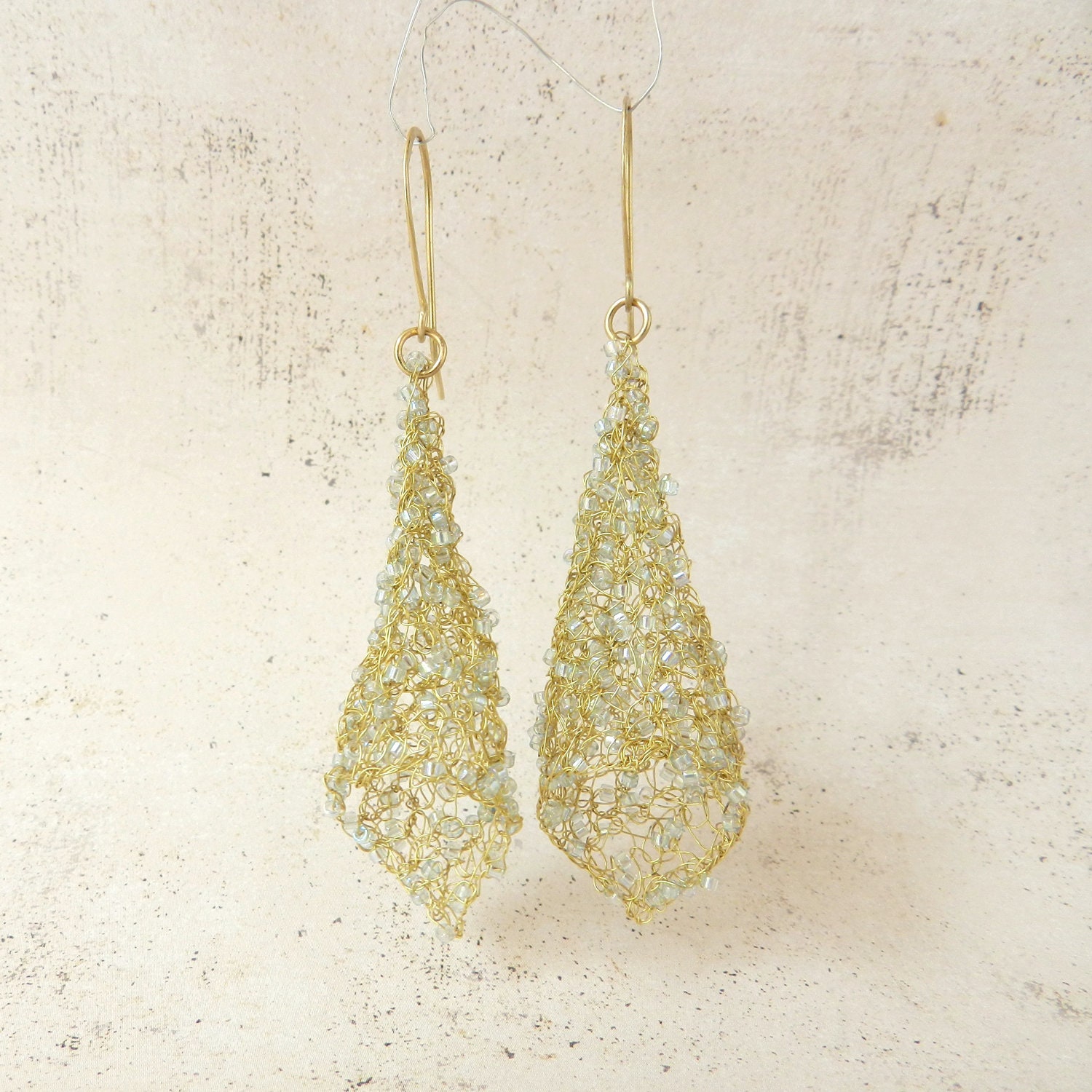RESERVED FOR JENNIFER: Wire Crochet Earrings Gold and Dusty Blue Fairy Bells Medieval Renaissance Princess Jewelry