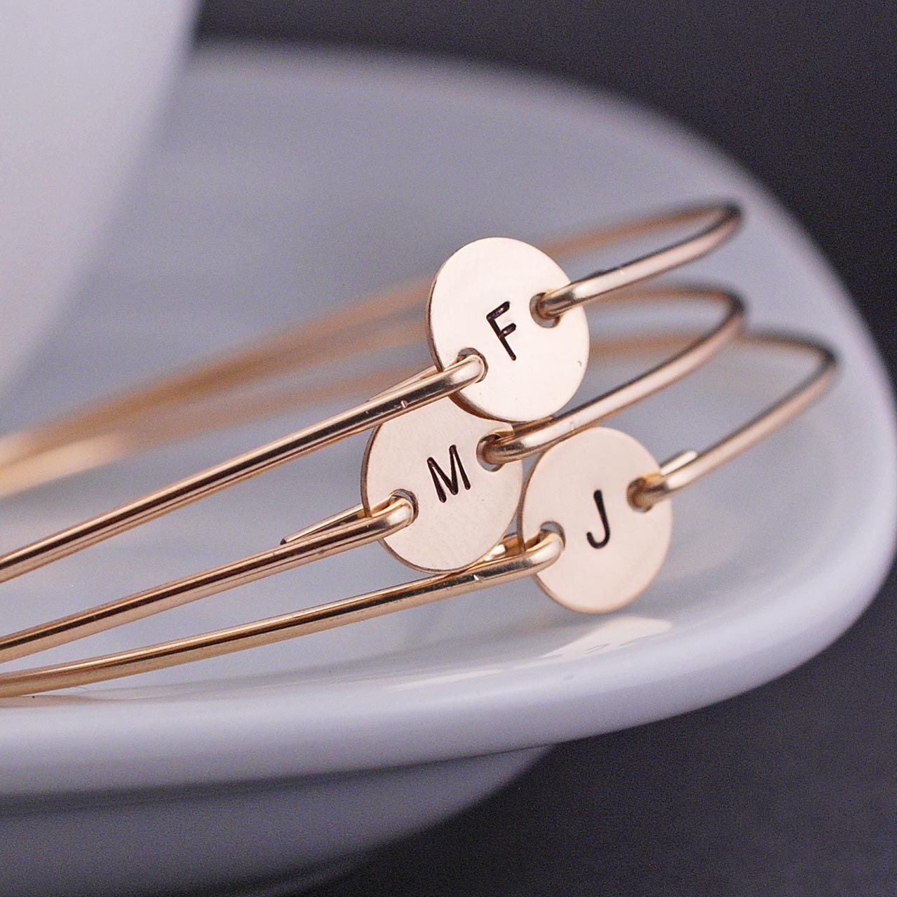 Personalized Bridesmaid Jewelry, SIX Personalized Bracelets, Gold Bridesmaid Gifts, Gold Bangle Bracelets