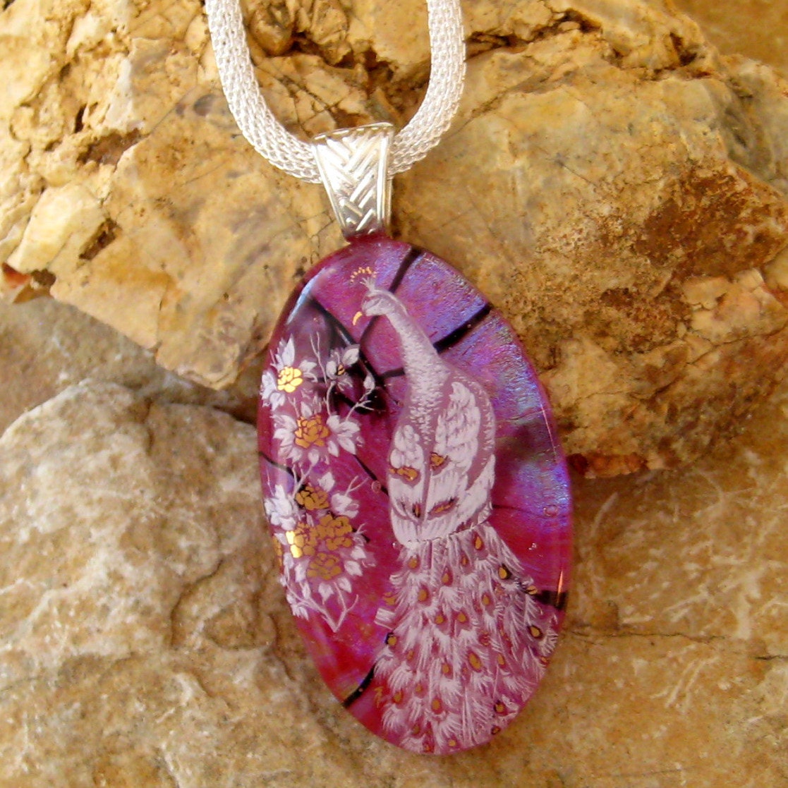 Oval  Peacock  Fused Glass  Dichroic Pendant, Red Dichroic Decal Pendant - Red Peacock Pendant