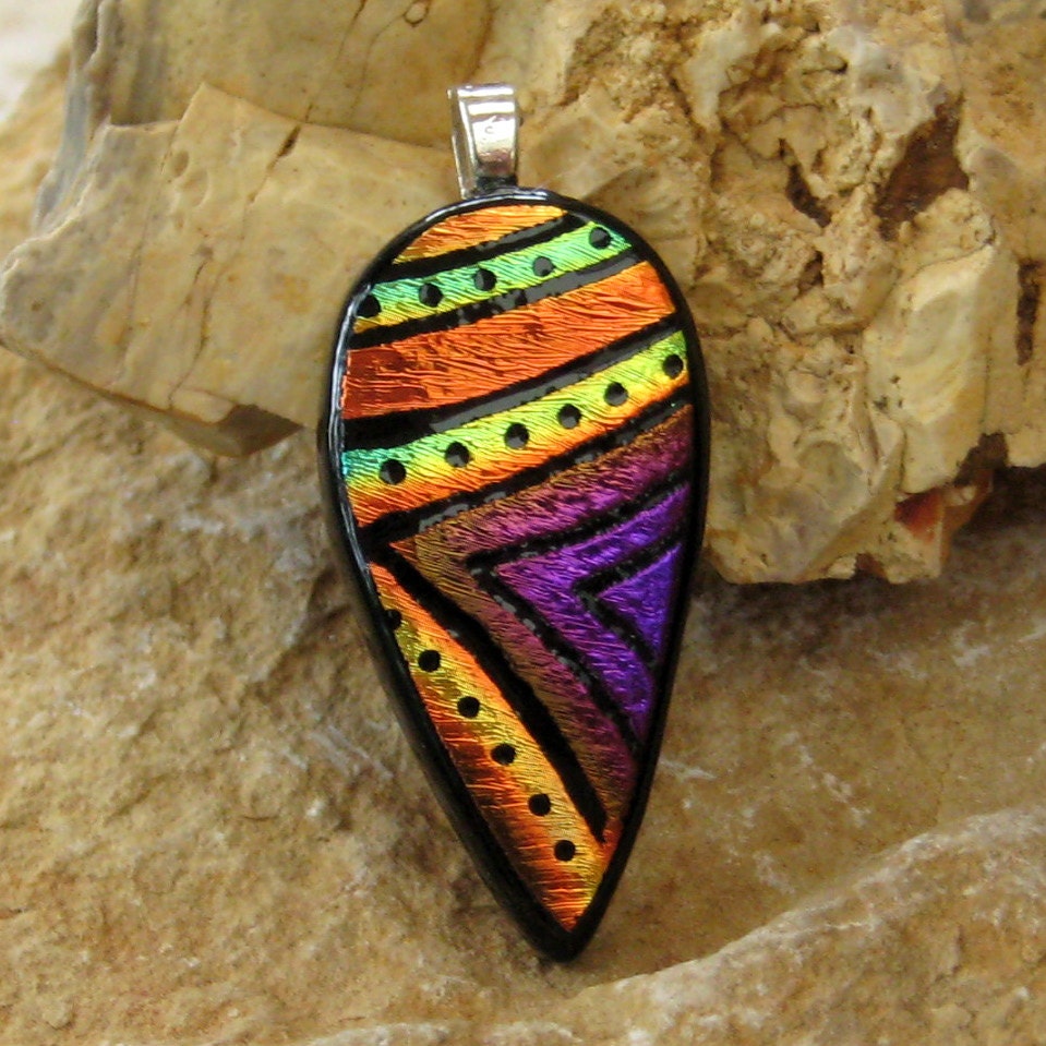 Dichroic Fused Glass Hand Etched Pendant, Fused GlassTeardrop Pendant, - Plum Chevron