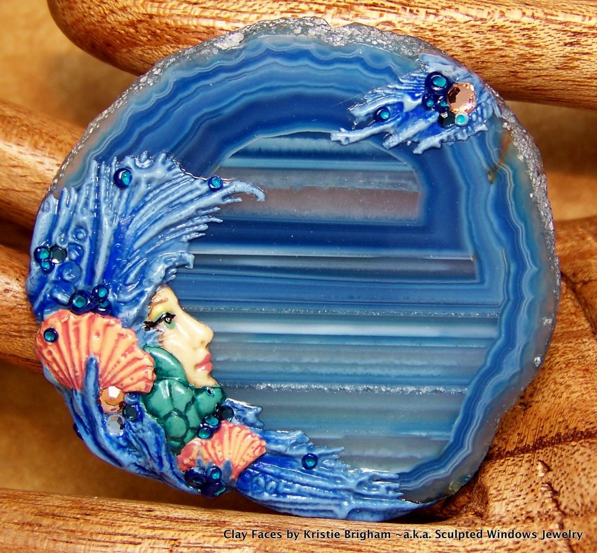 Mermaid and Sea Turtle Face Cab CABOCHON Scenic Agate GEODE Slice & Polymer Clay