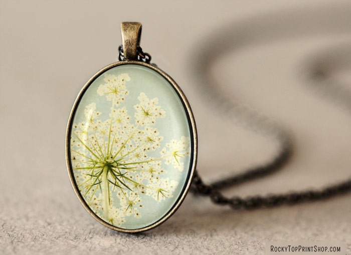 Flower Pendant, Wearable Art Jewelry, Glass Pendant, Queen Annes Lace, Photo Pendant Necklace, Art Pendant, Teal Antique Brass Jewelry
