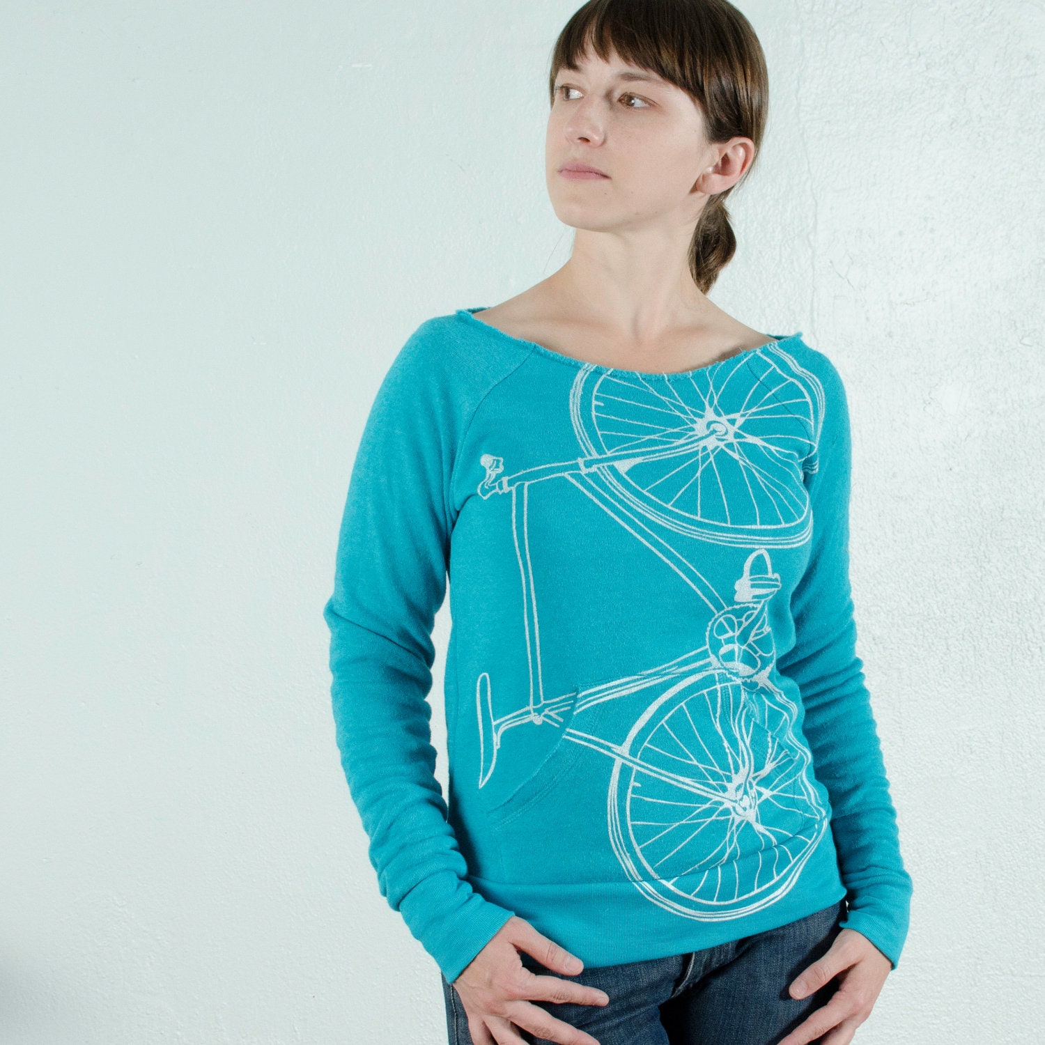 SALE - Small - Fixie Bike - women's fleece sweatshirt, white on teal
