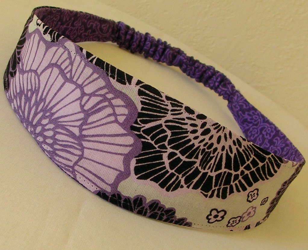 Fabric Headband Dark Purple and Black Flowers  Reversible Hairband  adult size