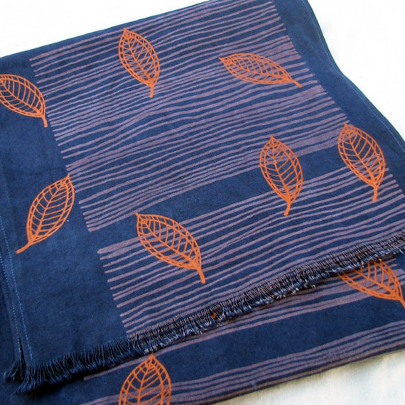 Table runner cloth, screenprinted and hand dyed, copper, indigo - organic cotton / hemp