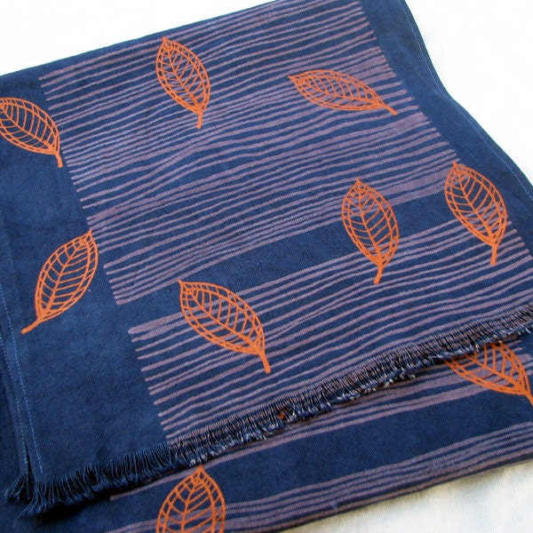 Table runner cloth, screenprinted and hand dyed, copper, indigo - organic cotton / hemp