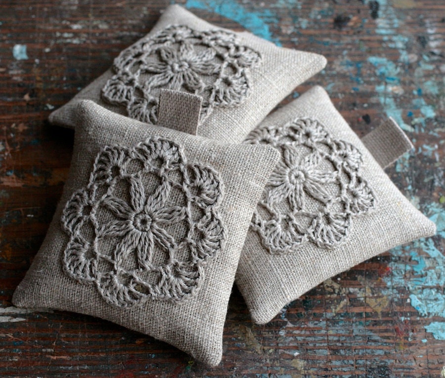 Lavender sachets -- crochet motif -- set of 3