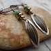 Boho Copper Hoops Rustic Feather Earrings Earthy Green