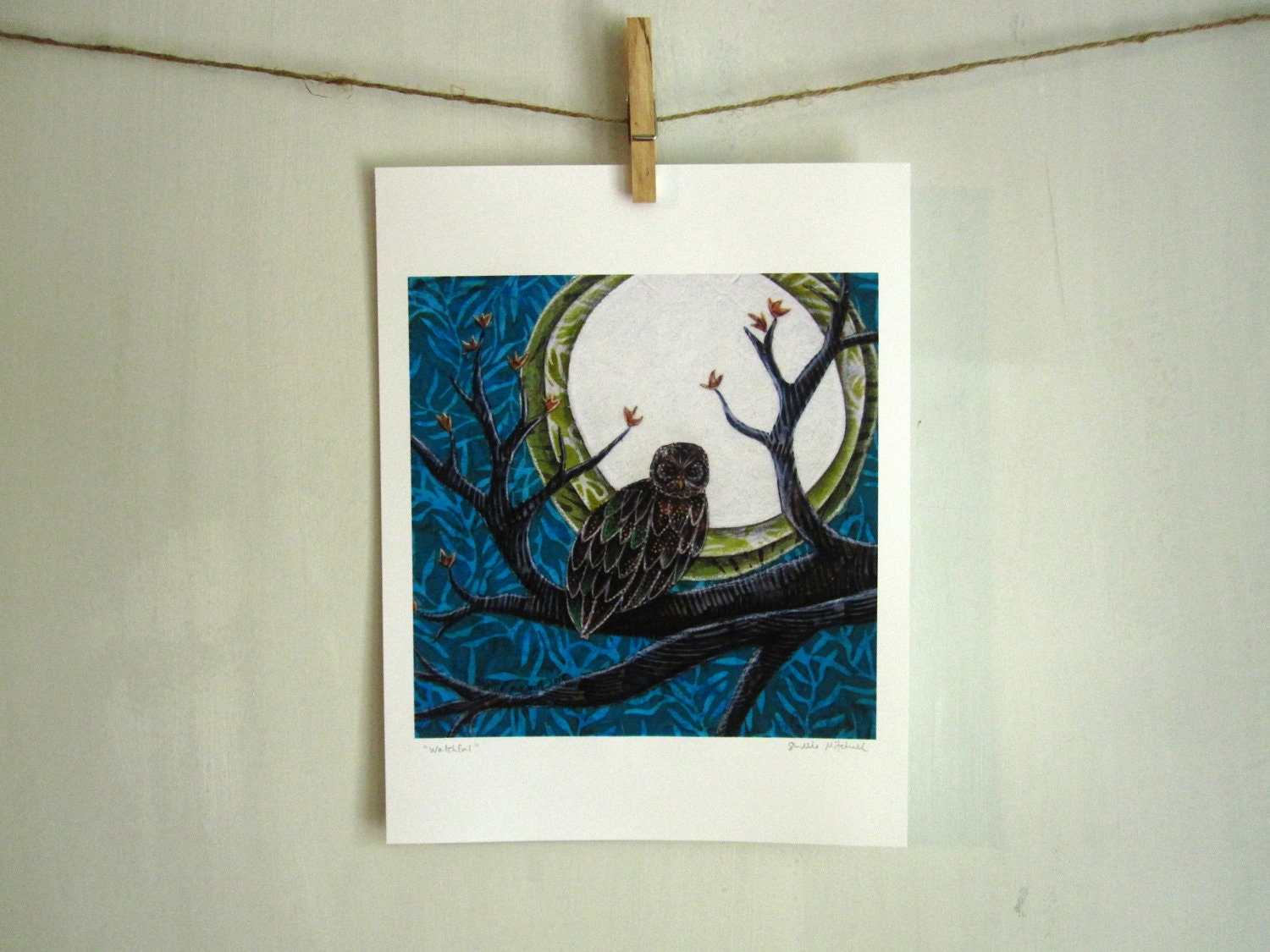Watchful, owl Fullmoon autumn fall ,  8.5 x 11 Archival reproduction