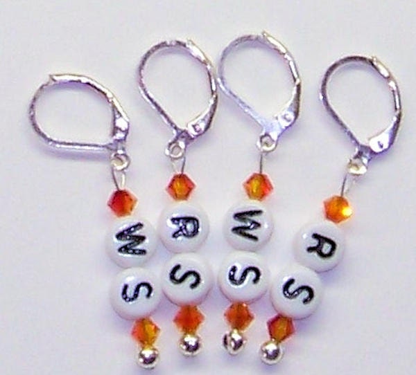 WS & RS for Wrong Side, Right Side Crochet or Knitting Stitch Markers, Orange Swarovski Crystal, Removable