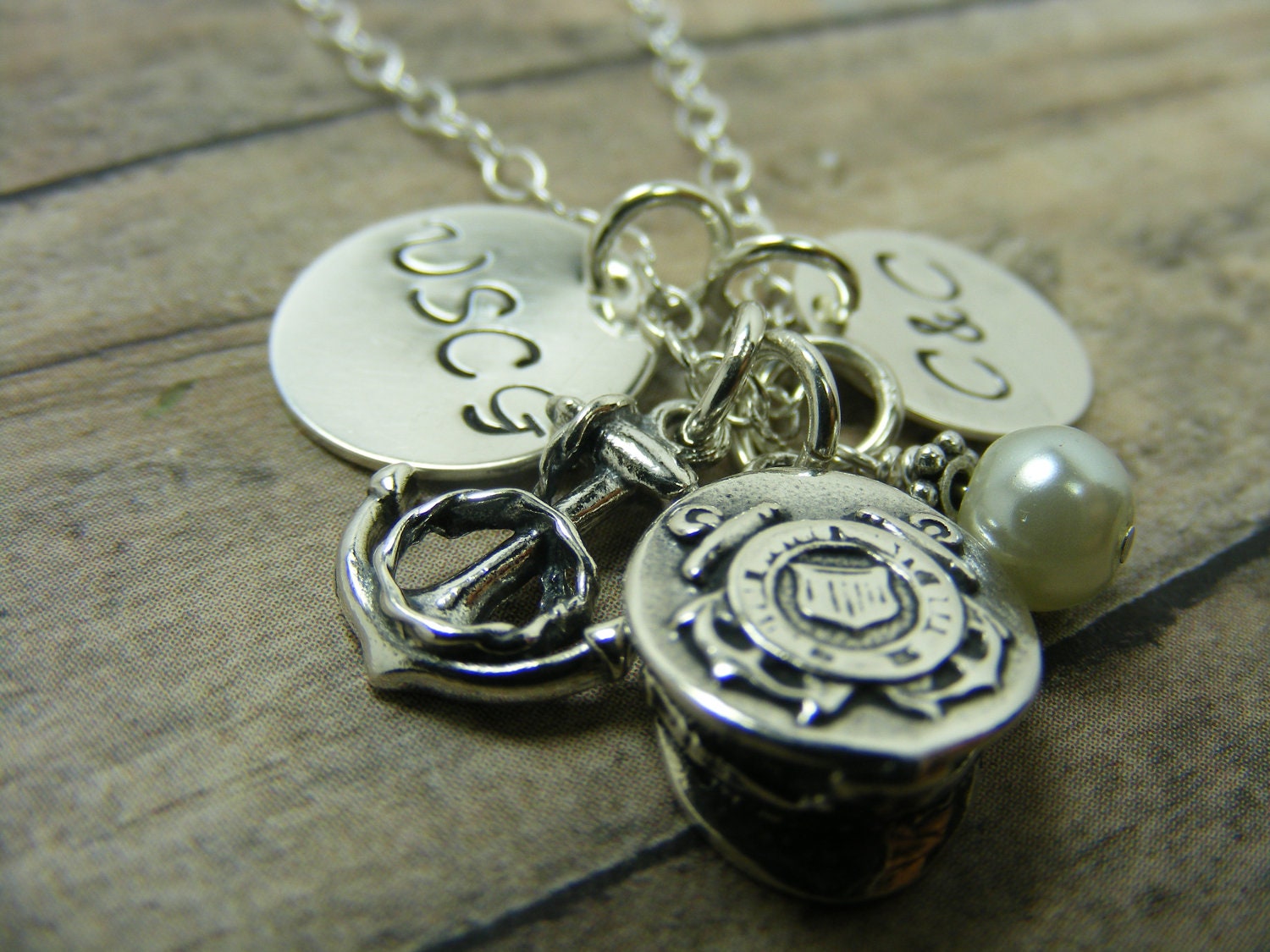 Coast Guard navy sterling silver handstamped necklace with anchor and hat
