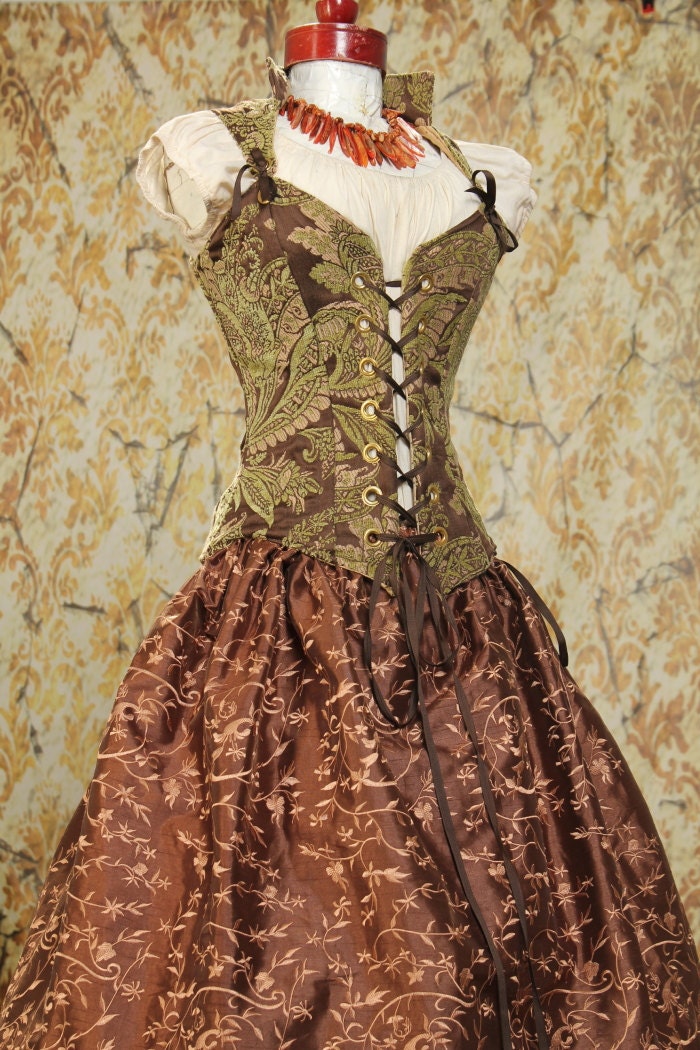 Waist 36 to 38 Brown and Green Leaf Courtier Corset