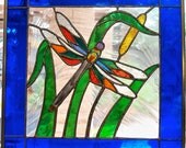 Dragonfly 'n Cattail Pond Stained Glass Window Panel 16x16