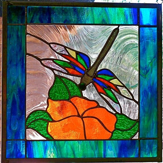 Dragonfly 'n Magnolia Stained Glass Window Panel by glassmagic