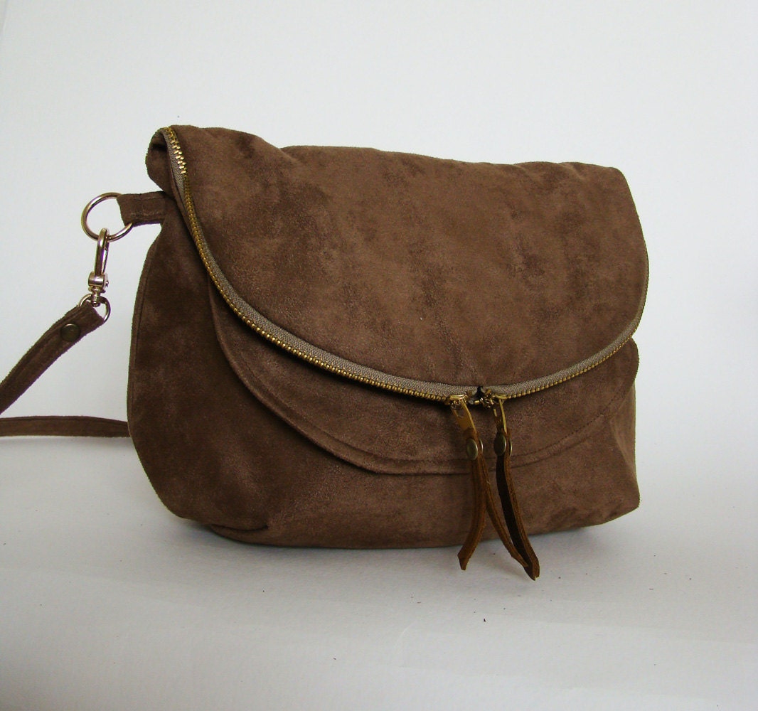 SALE Mink Brown Mini Fold over Day Traveler Bag, small convertible cross body or shoulder bag in light brown suede