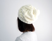Popcorn Cable PomPom Slouch Snow and Ski Hat in Soft Cream Merino. Off White Ivory. Spring and Winter Fashion for Her.