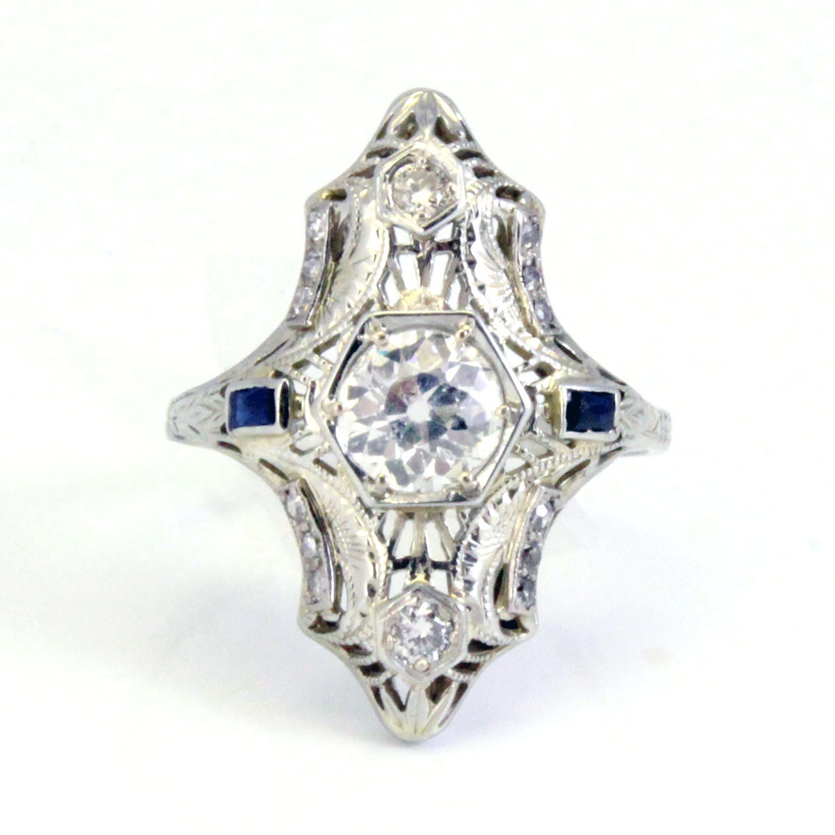 18K Art Deco Filigree European Cut Antique Diamond Navette Ring