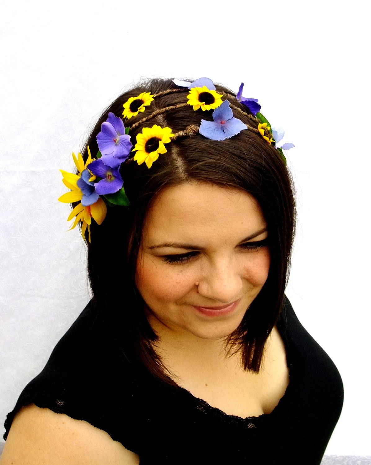 Violets and Sunflowers Headband, Bridal Hair, Bridesmaid, Woven Vine Headband, Woodland Crown, Yellow and Purple Flower Crown