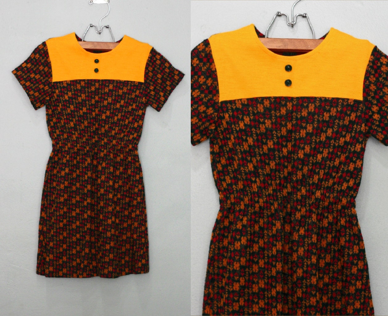 60's sz 6/7 Child's Green and Gold Soft Knit DRESS