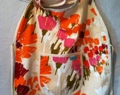Child's Flower Apron - handmade, smock, art, cooking, red, orange, pink, olive, pocket, girl
