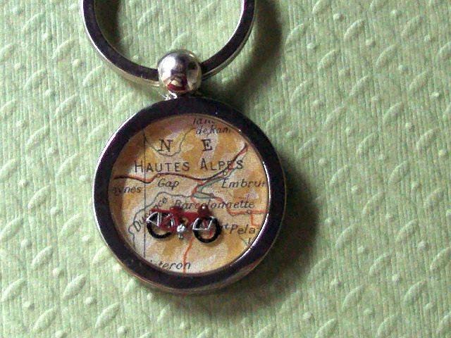Red Bicycle Key Chain Ring  Vintage Alps Map France Atlas
