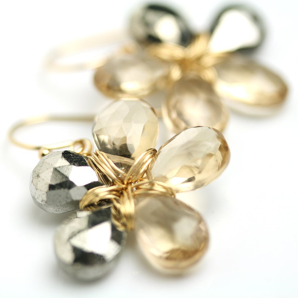 Pyrite and Champagne Citrine Gemstone Flower Earrings