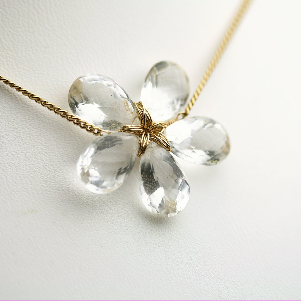 Flower Necklace in Rock Crystal Quartz and Wire Wrapped Gold Fill