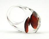 Red Crystal Ring, Clear Resin Ring with Two Teardrops Blood Red Zirconia, Modern Jewelry