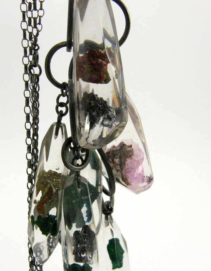 Glamorous Mixed Mineral Necklace, Large Necklace with Irregular Handmade Resin Beads, Oxidized Sterling Silver Chain