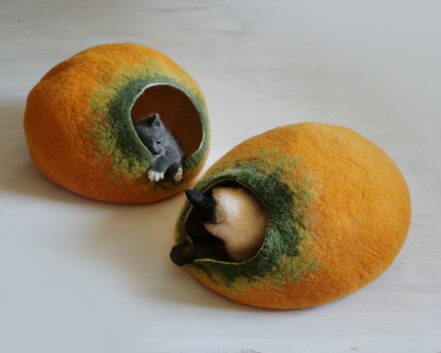 Cat Nap Cocoon / Cave / Bed / House / Vessel - Hand Felted Wool - Crisp Contemporary Design - READY TO SHIP Yellow Pumpkin Bubble