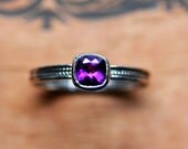 Purple amethyst ring - February birthstone - recycled sterling silver - cushion cut solitaire - wheat braid - bezel ring - made to order